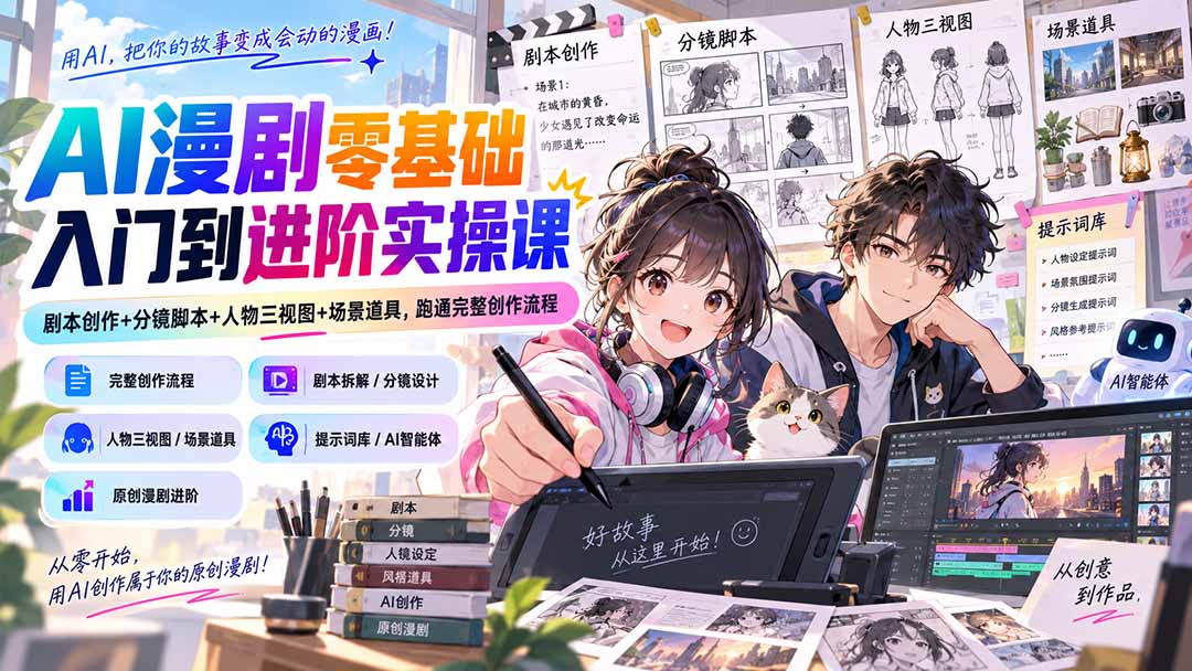 AI漫剧零基础入门到进阶实操课：剧本创作+分镜脚本+人物三视图+场景道具，跑通完整创作流程-轻创星球网
