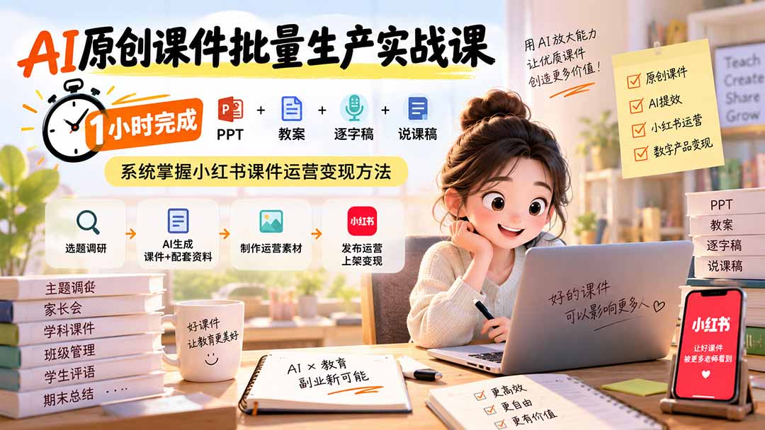 AI原创课件批量生产实战课：1小时完成PPT+教案+逐字稿+说课稿，系统掌握小红书课件运营变现方法-轻创星球网