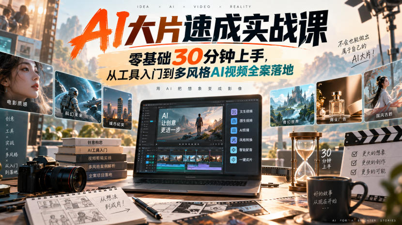 AI大片速成实战课｜零基础30分钟上手，从工具入门到多风格AI视频全案落地​-轻创星球网