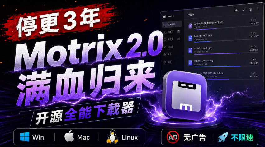 停更3年，Motrix 2.0满血归来：开源全能下载器，Win/Mac/Linux通吃，无广告不限速-轻创星球网
