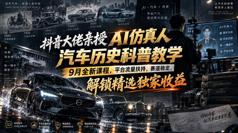 抖音大佬亲授AI仿真人汽车历史科普教学，9月全新课程，平台流量扶持，赛道稳定，解锁精选独家收益-轻创星球网