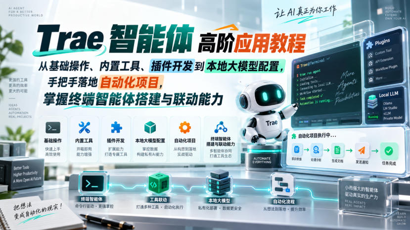 Trae智能体高阶应用教程，从基础操作、内置工具、插件开发到本地大模型配置，手把手落地自动化项目-轻创星球网