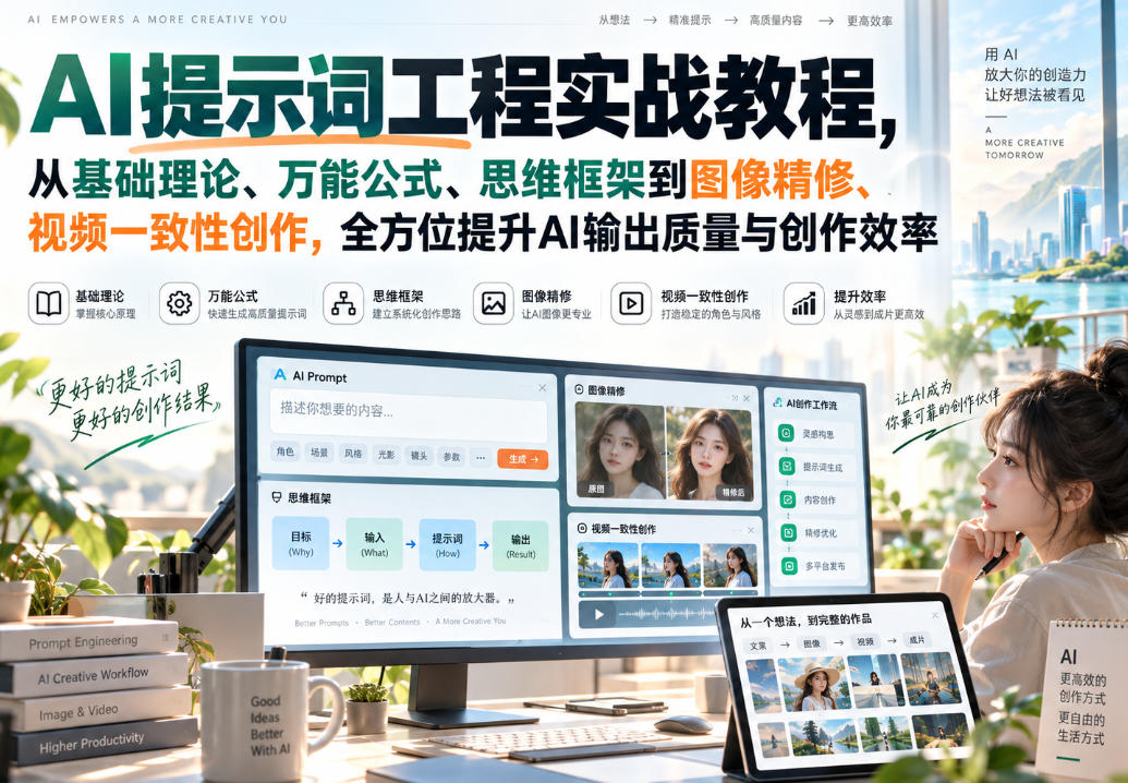 AI提示词工程实战教程，从基础理论、万能公式、思维框架到图像精修、视频一致性创作，全方位提升AI输出质量与创作效率-轻创星球网