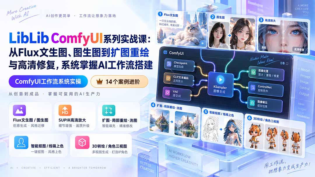 LibLib ComfyUI系列实战课：从Flux文生图、图生图到扩图重绘与高清修复，系统掌握AI工作流搭建-轻创星球网