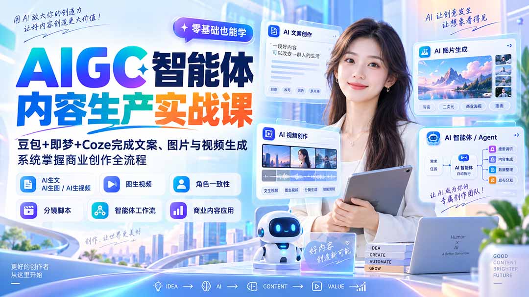 AIGC智能体内容生产实战课：豆包+即梦+Coze完成文案、图片与视频生成，系统掌握商业创作全流程-轻创星球网