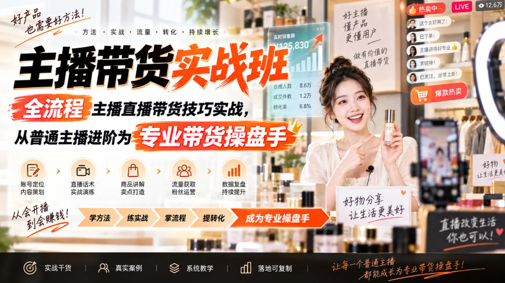 主播带货实战班ZB，全流程主播直播带货技巧实战，从普通主播进阶为专业带货操盘手-轻创星球网
