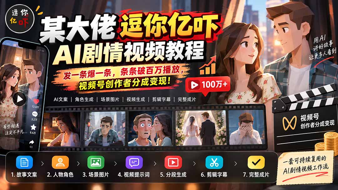 某大佬逗你亿吓AI低模剧情视频制作教程：发一条爆一条，条条破百万播放，利用视频号创作者分成变现!-轻创星球网