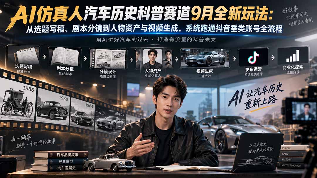 AI仿真人汽车历史科普赛道9月全新玩法：从选题写稿、剧本分镜到人物资产与视频生成，系统跑通抖音垂类账号全流程-轻创星球网