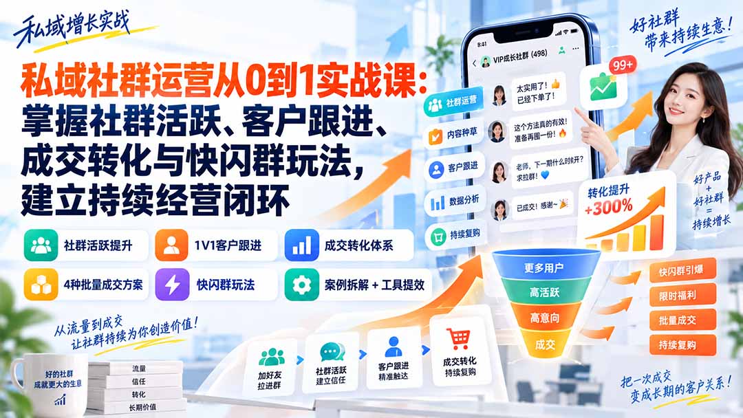 私域社群运营从0到1实战课：掌握社群活跃、客户跟进、成交转化与快闪群玩法，建立持续经营闭环-轻创星球网