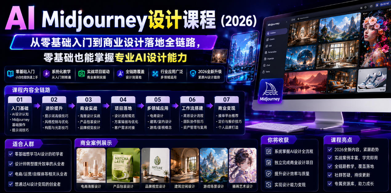 AI Midjourney设计课程(2026)，从零基础入门到商业设计落地全链路，零基础也能掌握专业AI设计能力(更新0913)-轻创星球网