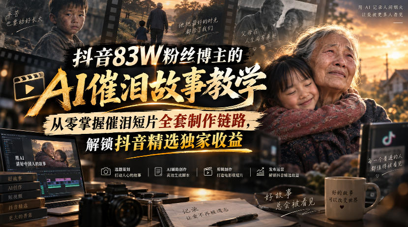 抖音83W粉丝博主的AI催泪故事教学，从零掌握催泪短片全套制作链路，解锁抖音精选独家收益-轻创星球网