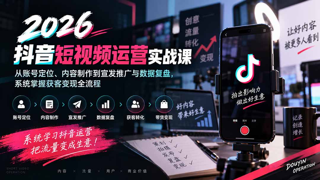 2026抖音短视频运营实战课：从账号定位、内容制作到宣发推广与数据复盘，系统掌握获客变现全流程-轻创星球网