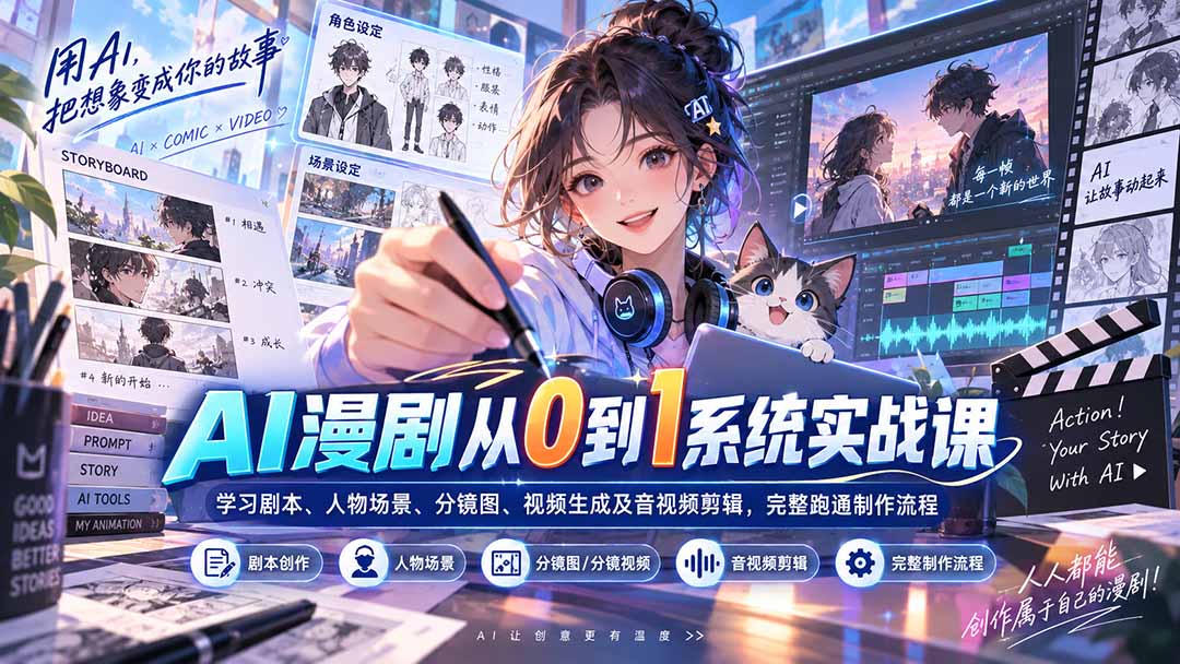 AI漫剧从0到1系统实战课：学习剧本、人物场景、分镜图、视频生成及音视频剪辑，完整跑通制作流程-轻创星球网