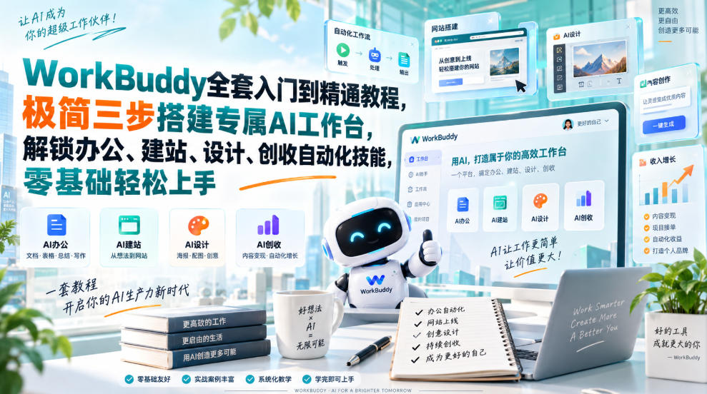 WorkBuddy全套入门到精通教程，极简三步搭建专属AI工作台，解锁办公、建站、设计、创收自动化技能，零基础轻松上手-轻创星球网