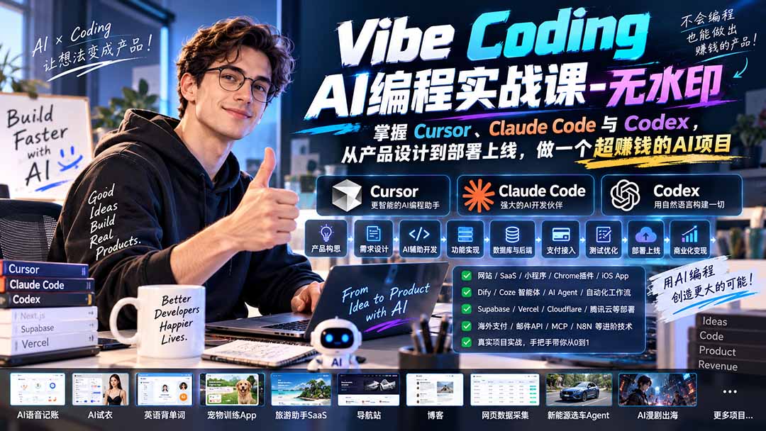 Vibe Coding AI编程实战课-无水印：掌握Cursor、Claude Code与Codex，从产品设计到部署上线，做一个超赚钱的AI项目-轻创星球网