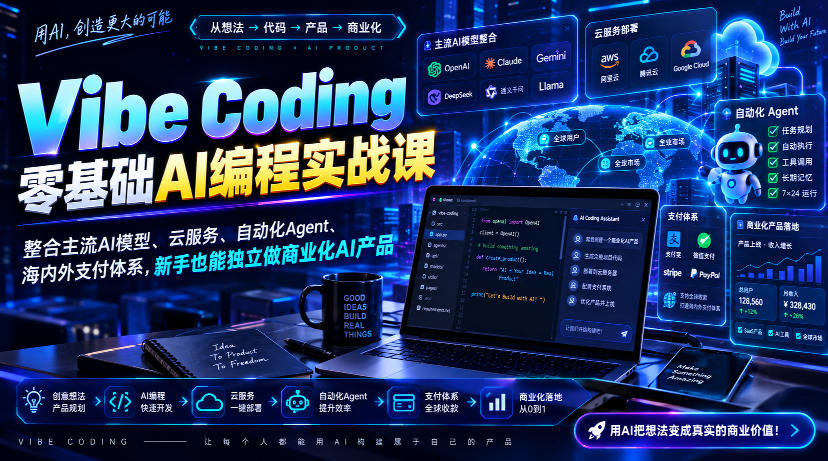 Vibe Coding零基础AI编程实战课-无水印，整合主流AI模型、云服务、自动化Agent、海内外支付体系，新手也能独立做商业化AI产品-轻创星球网