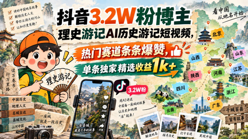 抖音3.2W粉博主理史游记AI历史游记短视频教学，热门赛道条条爆赞，单条独家精选收益1k+-轻创星球网