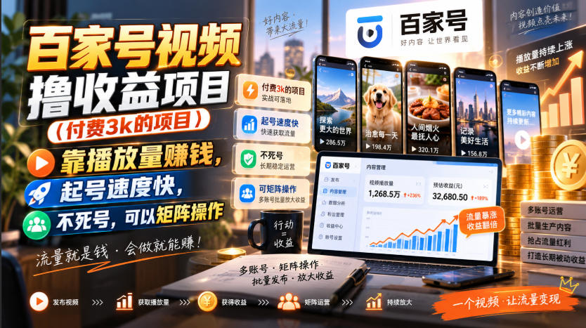 百家号视频撸收益项目(付费3k的项目)，靠播放量賺钱，起号速度快，不死号，可以矩阵操作-轻创星球网