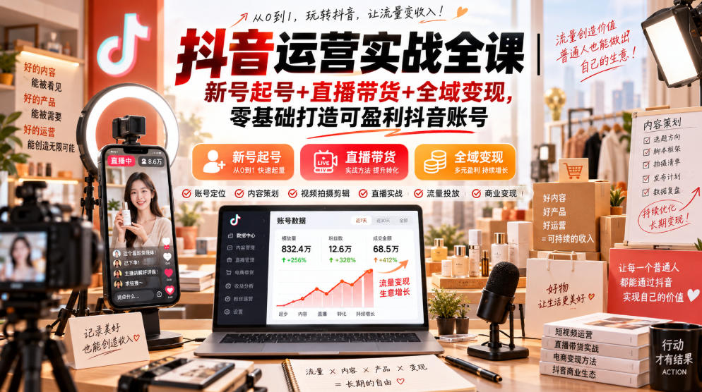 抖音运营实战全课｜新号起号+直播带货+全域变现，零基础打造可盈利抖音账号-轻创星球网