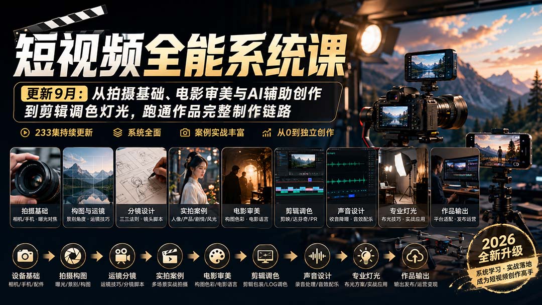 短视频全能系统课-9月完整版：从拍摄基础、电影审美与AI辅助创作到剪辑调色灯光，跑通作品完整制作链路-轻创星球网