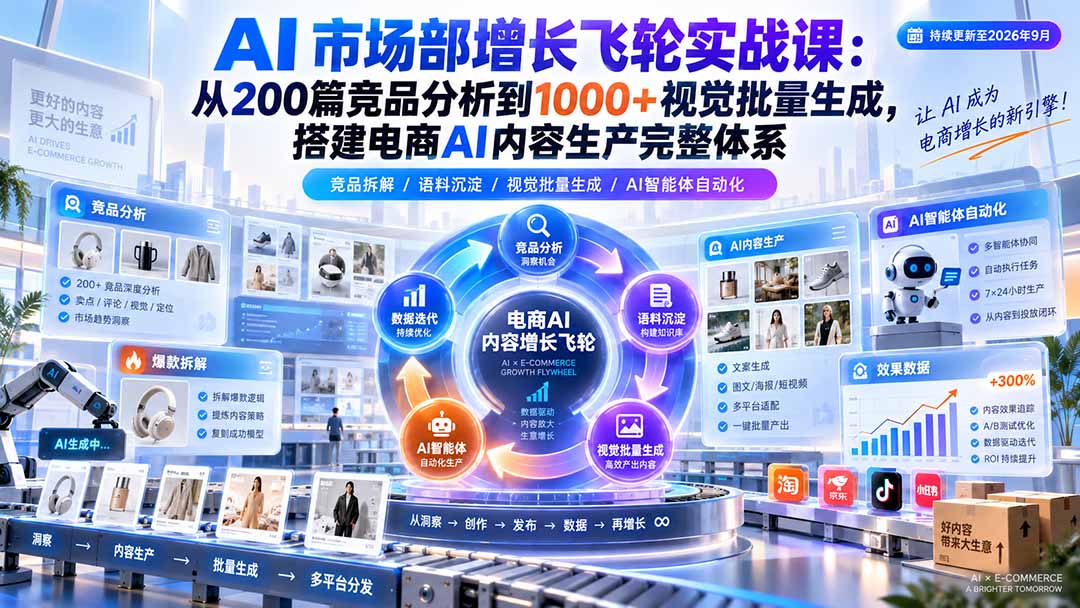 AI 市场部增长飞轮实战课：从200篇竞品分析到1000+视觉批量生成，搭建电商AI内容生产完整体系-轻创星球网