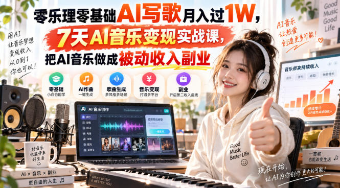 零乐理零基础AI写歌月入过1W，7天AI音乐变现实战课，把AI音乐做成被动收入副业-轻创星球网