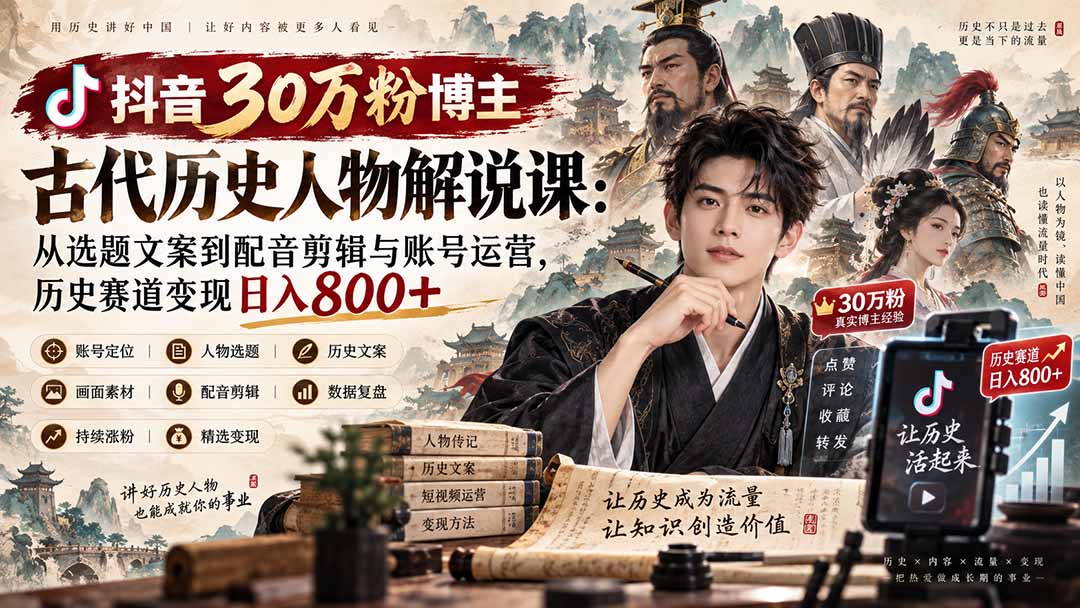 抖音30万粉博主古代历史人物解说课：从选题文案到配音剪辑与账号运营，历史赛道变现日入800+-轻创星球网