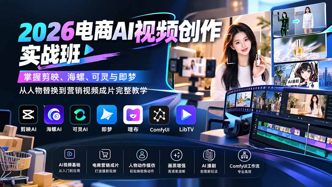 2026电商AI视频创作实战班：掌握剪映、海螺、可灵与即梦，从人物替换到营销视频成片完整教学-轻创星球网