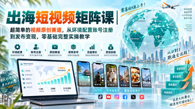 出海短视频矩阵课｜超简单的视频原创赛道，从环境配置账号注册到发布变现，零基础完整实操教学-轻创星球网