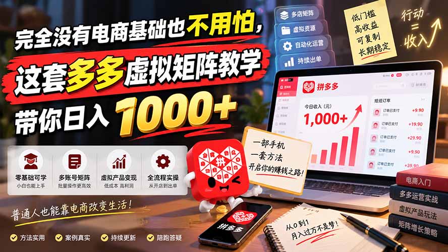 完全没有电商基础也不用怕，这套多多虚拟矩阵教学带你日入 1000+-轻创星球网