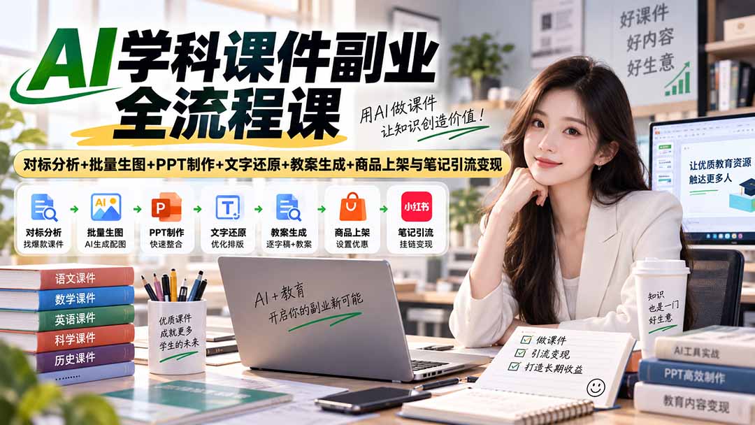 AI学科课件副业全流程课｜对标分析+批量生图+PPT制作+文字还原+教案生成+商品上架与笔记引流变现-轻创星球网