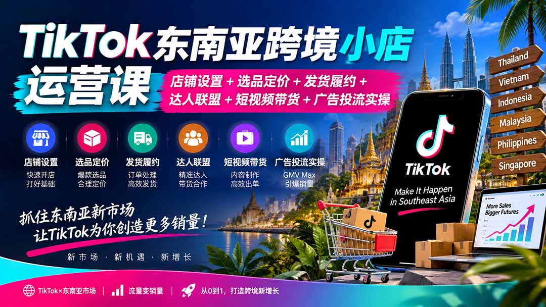 TikTok东南亚跨境小店运营课：店铺设置+选品定价+发货履约+达人联盟+短视频带货+广告投流实操-轻创星球网