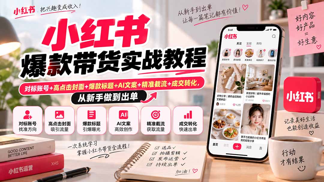 小红书爆款带货实战教程｜对标账号+高点击封面+爆款标题+AI文案+精准截流+成交转化，从新手做到出单-轻创星球网