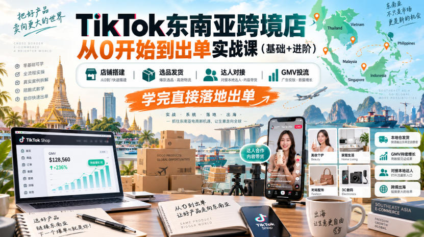 TikTok东南亚跨境店从0开始到出单实战课(基础+进阶)，店铺搭建、选品发货、达人对接、GMV投流，学完直接落地出单-轻创星球网