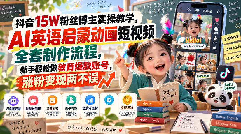 抖音15W粉丝博主实操教学，AI英语启蒙动画短视频全套制作流程，新手轻松做教育爆款账号，涨粉变现两不误-轻创星球网