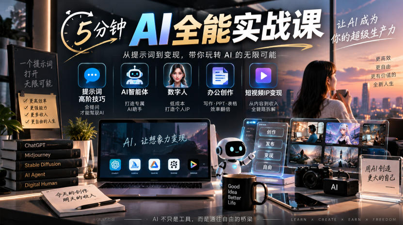 5分钟AI全能实战课｜提示词高阶技巧+AI智能体+数字人+办公创作+短视频IP变现全教程-轻创星球网