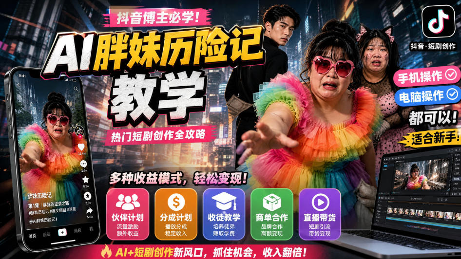 抖音博主的AI胖妹历险记教学，伙伴计划+分成计划+收徒+商单等多种收益，适合新手，手机电脑都可以操作-轻创星球网