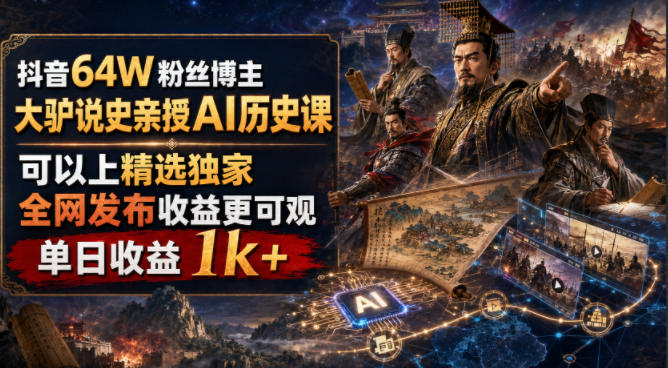 抖音64W粉丝博主大驴说史亲授AI历史课，可以上精选独家，全网发布收益更可观，单日收益1k+(更新)-轻创星球网