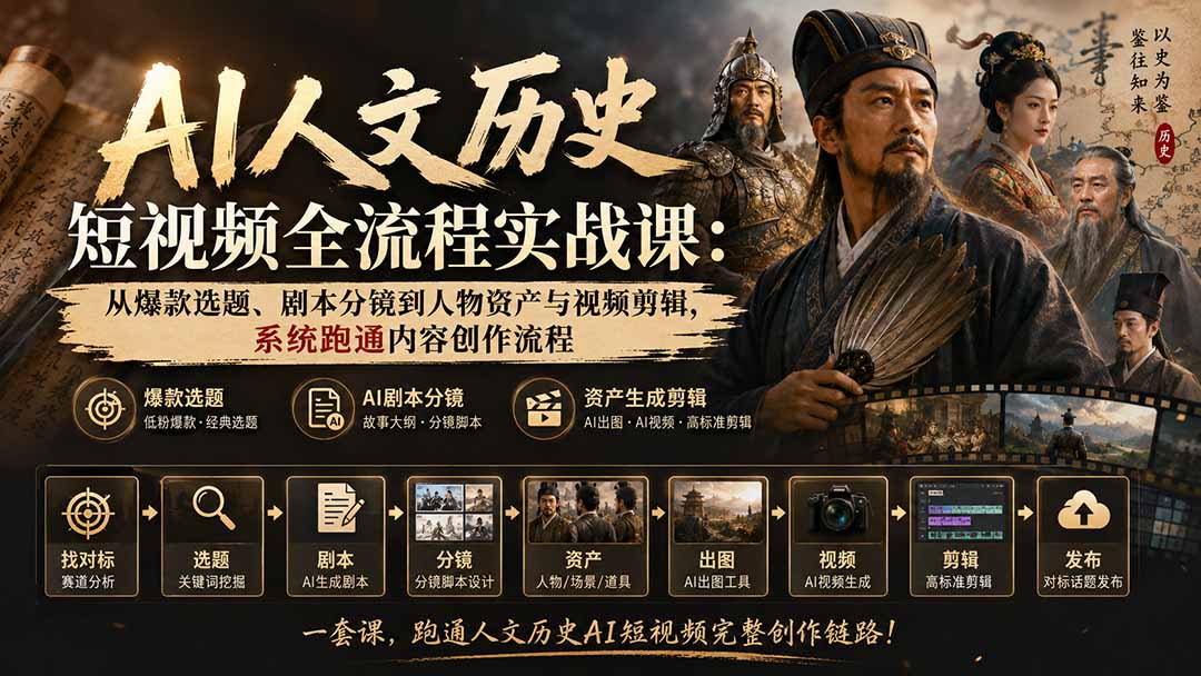 AI人文历史短视频全流程实战课-更新：从爆款选题、剧本分镜到人物资产与视频剪辑，系统跑通内容创作流程-轻创星球网