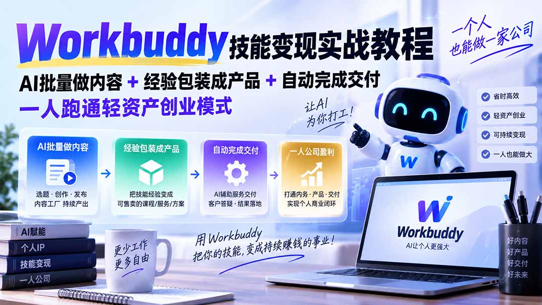 Workbuddy技能变现实战教程：AI批量做内容+经验包装成产品+自动完成交付，一人跑通轻资产创业模式-轻创星球网