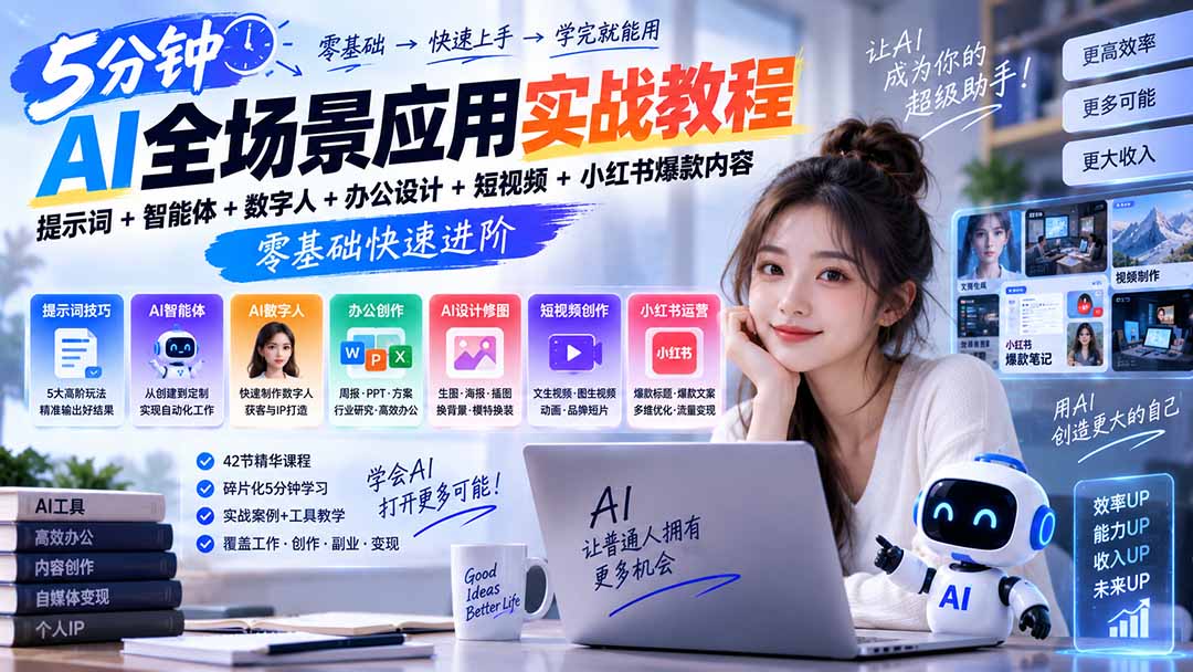 AI全场景应用实战教程｜提示词+智能体+数字人+办公设计+短视频+小红书爆款内容，零基础快速进阶-轻创星球网