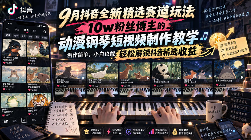 9月抖音全新精选赛道玩法，10w粉丝博主的动漫钢琴短视频制作教学，制作简单，小白也能轻松解锁抖音精选收益-轻创星球网