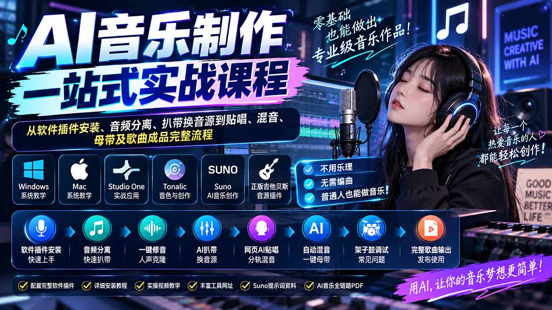 AI音乐制作一站式实战课程：从软件插件安装、音频分离、扒带换音源到贴唱、混音、母带及歌曲成品完整流程-轻创星球网