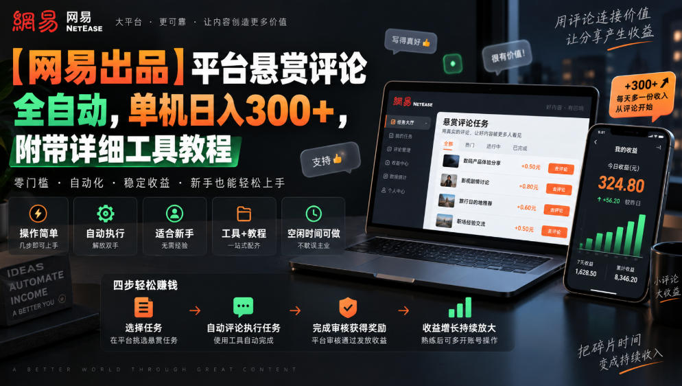 【网易出品】平台悬赏评论全自动，单机日入300+，附带详细工具教程【揭秘】-轻创星球网