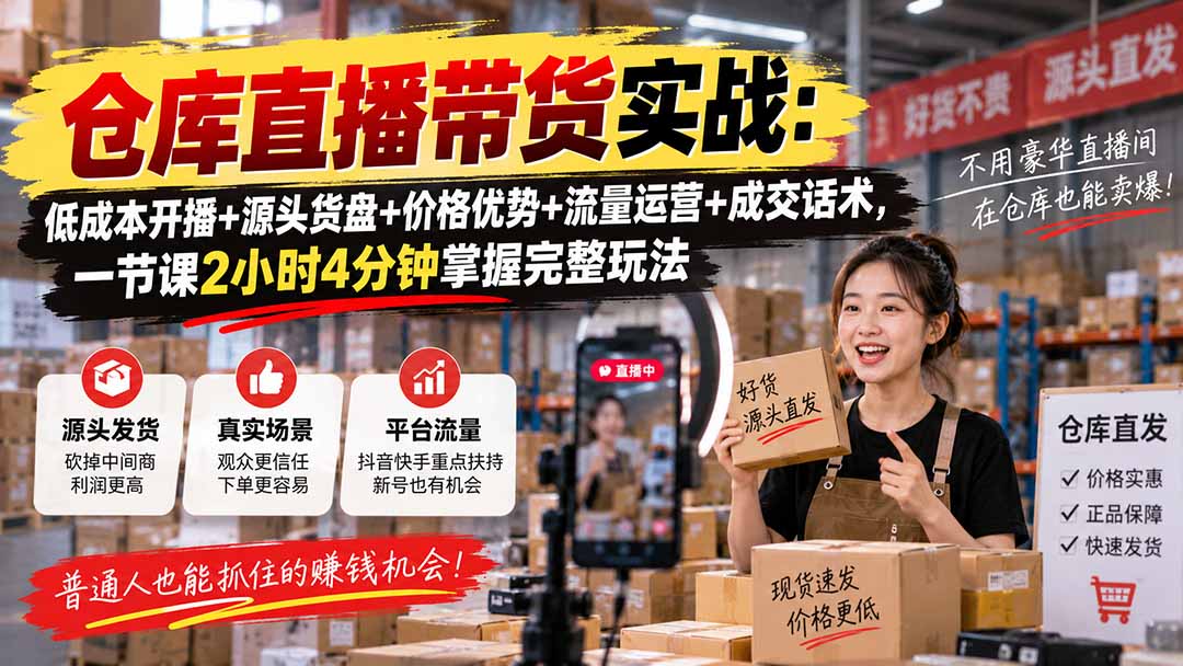 仓库直播带货实战：低成本开播+源头货盘+价格优势+流量运营+成交话术，一节课2小时4分钟掌握完整玩法-轻创星球网
