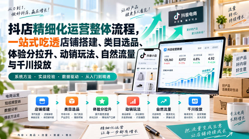 李哥电商-抖店精细化运营整体流程，一站式吃透店铺搭建、类目选品、体验分拉升、动销玩法、自然流量与千川投放-轻创星球网