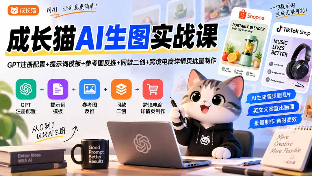 成长猫AI生图实战课｜GPT注册配置+提示词模板+参考图反推+同款二创+跨境电商详情页批量制作-轻创星球网