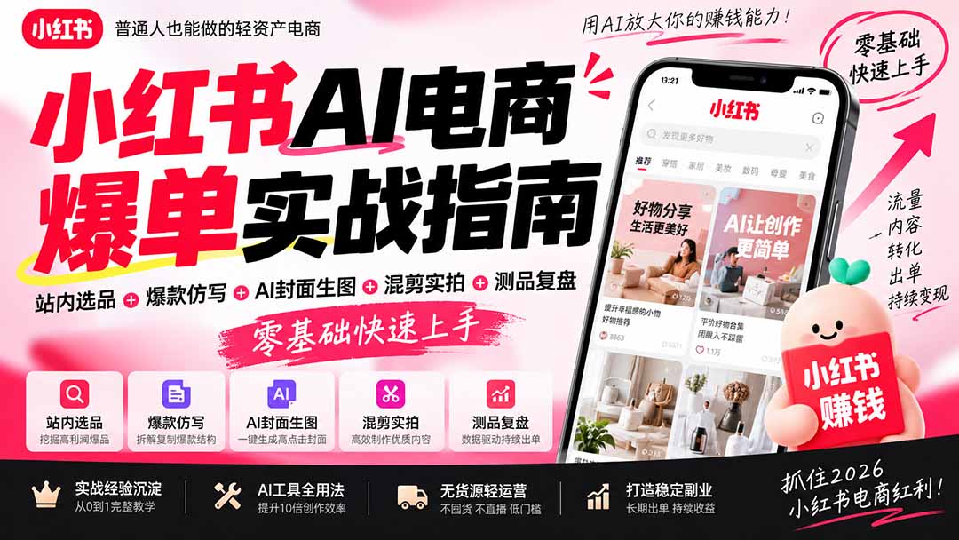 2026小红书AI电商爆单实战指南：站内选品+爆款仿写+AI封面生图+混剪实拍+测品复盘，零基础快速上手-轻创星球网