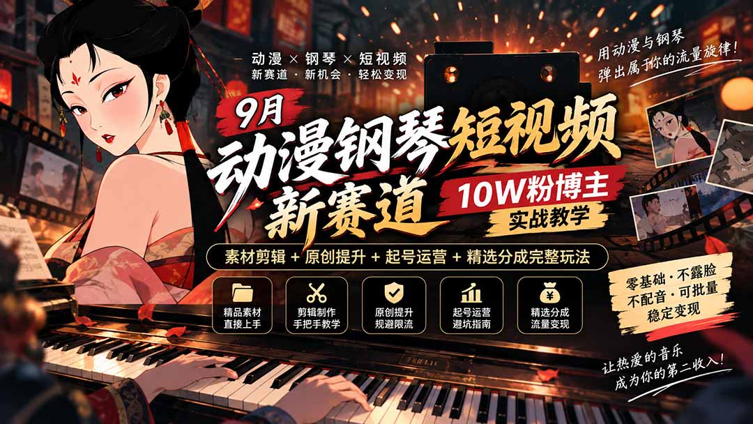 9月动漫钢琴短视频新赛道｜10W粉博主实战教学，素材剪辑+原创提升+起号运营+精选分成完整玩法-轻创星球网