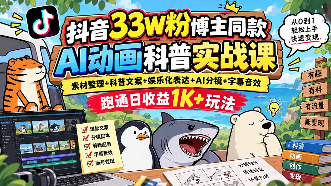 抖音33W粉博主同款AI动画科普实战课｜素材整理+科普文案+娱乐化表达+AI分镜+字幕音效，跑通日收益1K+玩法-轻创星球网